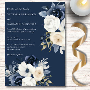 Shades of Blue & White Floral on Navy Wedding Invitation