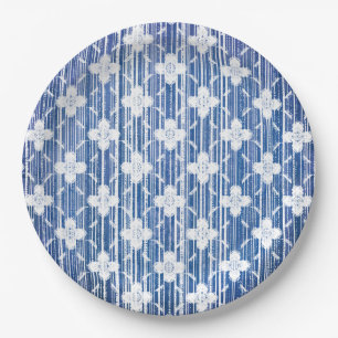 Shades of Blue White Ombre Striped Flowers Pattern Paper Plate