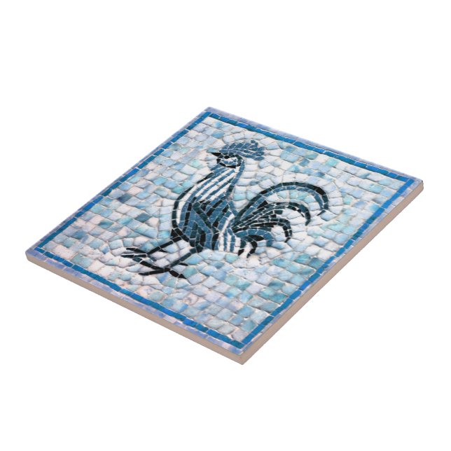 Shades of Blue with Black Mosaic Rooster Design Ceramic Tile (Side)