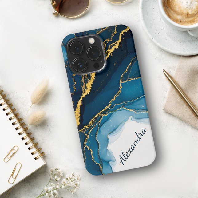Shades Of Blue With Gold Alcohol Ink  iPhone Case (Creator Uploaded)