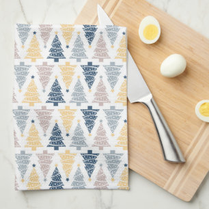 SHADES OF BLUE & YELLOW CHRISTMAS TREES TEA TOWEL