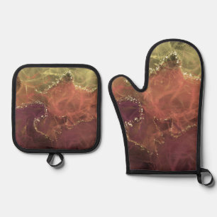SHADES OF BROWN & GOLD ABSTRACT GLITTER LOOK OVEN MITT & POT HOLDER SET