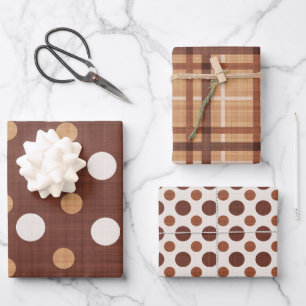 SHADES OF BROWN & WHITE POLKA DOTS & PLAIDS WRAPPING PAPER SHEET