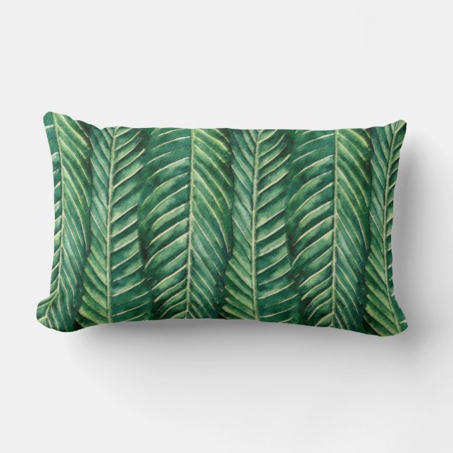 Shades of DarkGreen Botanical Tropical Palm Leaves Lumbar Cushion (Front)