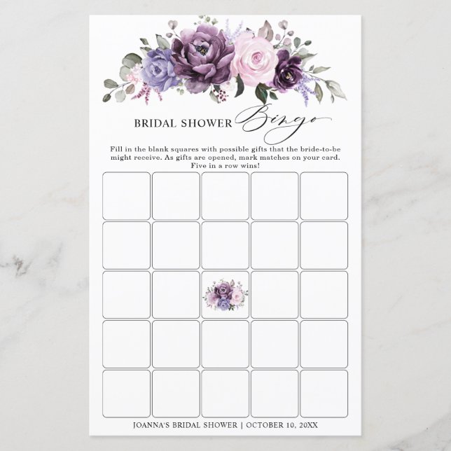 Shades of Dusty Purple Blooms Bridal Shower Bingo (Front)