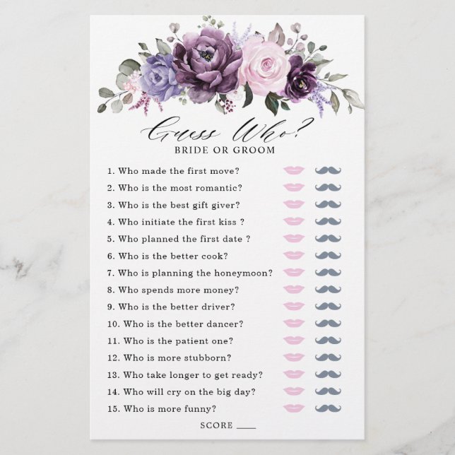Shades of Dusty Purple Blooms Bridal Shower Game (Front)