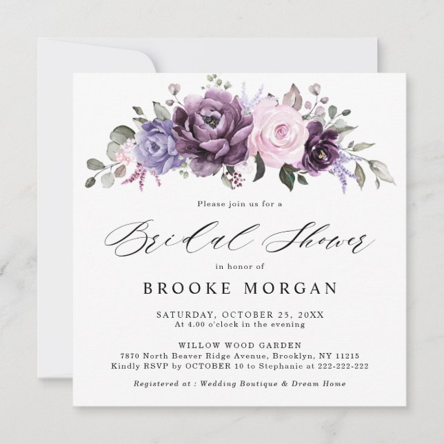 Shades of Dusty Purple Blooms Floral Bridal Shower Invitation (Front)