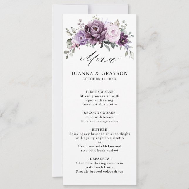 Shades of Dusty Purple Blooms Floral Menu Card (Front)