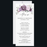 Shades of Dusty Purple Blooms Floral Menu Card<br><div class="desc">Elegant and modern floral midsummer wedding menu features a bouquet of watercolor roses peonies in shades of purple plum, dusty rose, dusty pink , mauve, sage with lush green botanical leaves and eucalyptus. Please find more matching designs and variations from my "blissweddingpaperie" store. And feel free to contact me for...</div>