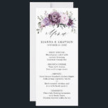 Shades of Dusty Purple Blooms Floral Menu Card<br><div class="desc">Elegant and modern floral midsummer wedding menu features a bouquet of watercolor roses peonies in shades of purple plum, dusty rose, dusty pink , mauve, sage with lush green botanical leaves and eucalyptus. Please find more matching designs and variations from my "blissweddingpaperie" store. And feel free to contact me for...</div>