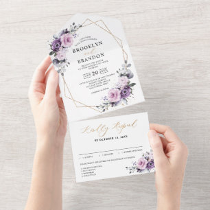 Shades of Dusty Purple Blooms Geometric Wedding All In One Invitation