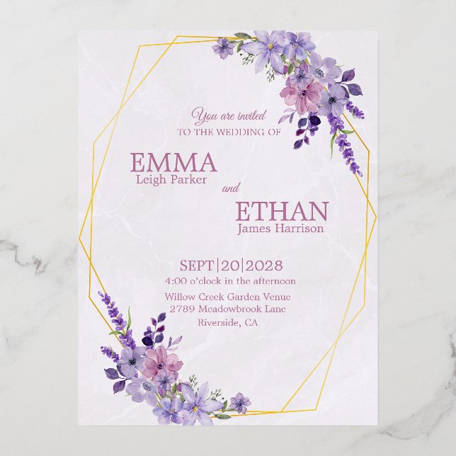 Shades of Dusty Purple Blooms Geometric Wedding  Foil Invitation Postcard (Front)