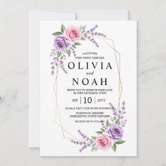 Shades of Dusty Purple Blooms Geometric Wedding Invitation