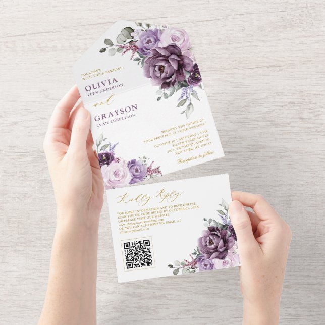 Shades of Dusty Purple Blooms Gold Floral Wedding All In One Invitation (Tearaway)