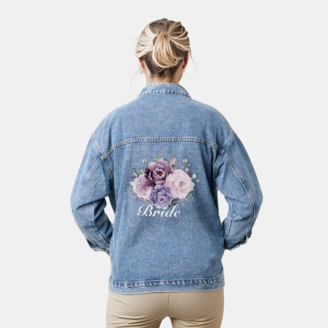 Shades of Dusty Purple Blooms Moody Floral Bride Denim Jacket (Model)