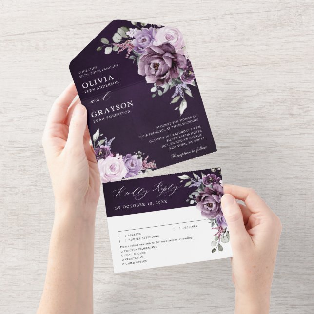 Shades of Dusty Purple Blooms Moody Floral Wedding All In One Invitation (Tearaway)