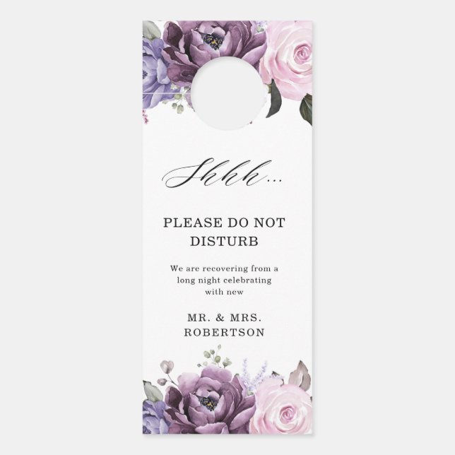 Shades of Dusty Purple Blooms Moody Floral Wedding Door Hanger (Front)