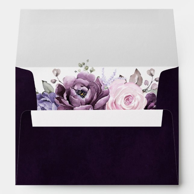 Shades of Dusty Purple Blooms Moody Floral Wedding Envelope (Back (Bottom))