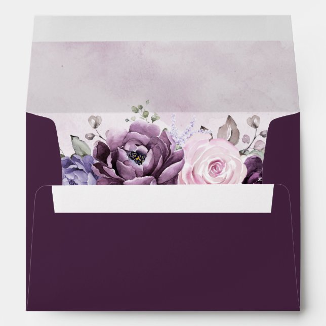 Shades of Dusty Purple Blooms Moody Floral Wedding Envelope (Back (Bottom))