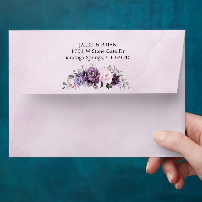 Shades of Dusty Purple Blooms Moody Floral Wedding Envelope (Hand)