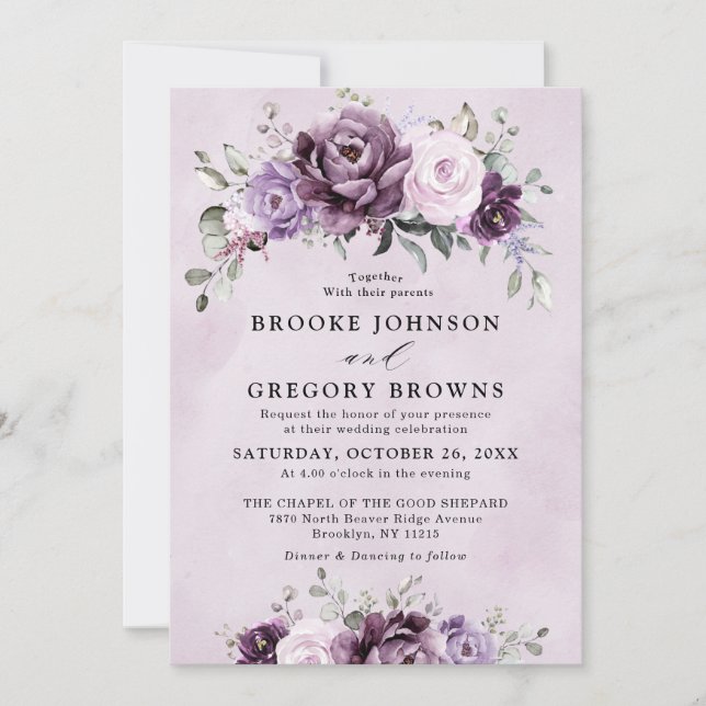 Shades of Dusty Purple Blooms Moody Floral Wedding Invitation (Front)