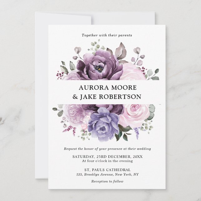 Shades of Dusty Purple Blooms Moody Floral Wedding Invitation (Front)