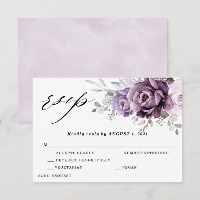 Shades of Dusty Purple Blooms Moody Floral Wedding RSVP Card (Front/Back)