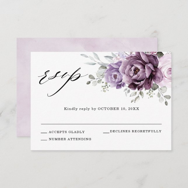 Shades of Dusty Purple Blooms Moody Floral Wedding RSVP Card (Front/Back)