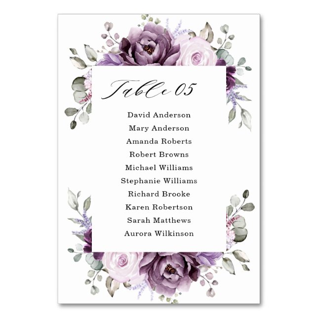 Shades of Dusty Purple Blooms Moody Floral Wedding Table Number (Front)