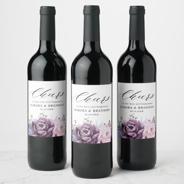 Shades of Dusty Purple Blooms Moody Floral Wedding Wine Label (Bottles)