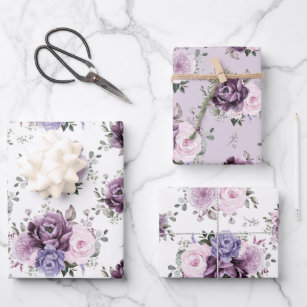 Shades of Dusty Purple Blooms Moody Floral Wedding Wrapping Paper Sheet