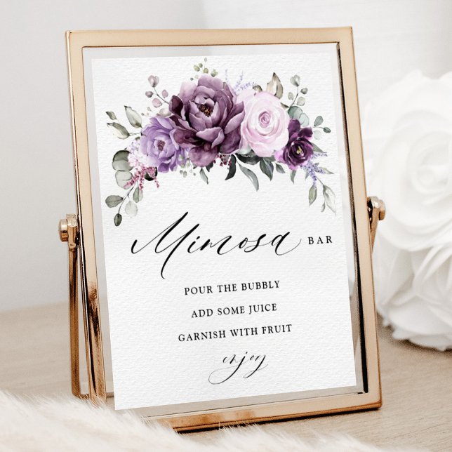 Shades of Dusty Purple Bridal Shower Mimosa Bar Poster (Shades of dusty purple blooms floral mimosa bar sign)