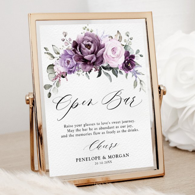 Shades of Dusty Purple Bridal Shower Open Bar Sign (Shades of dusty purple blooms floral open bar sign)