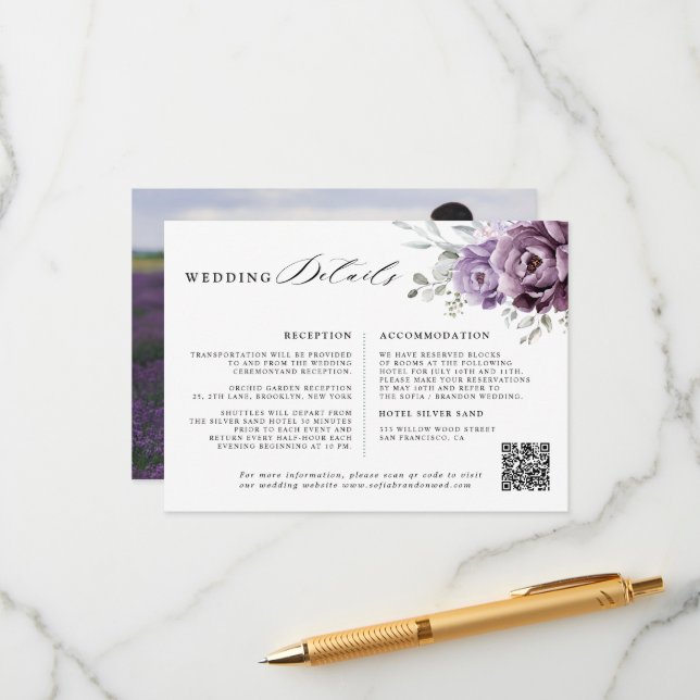 Shades of Dusty Purple Floral Wedding Details Enclosure Card (Front/Back In Situ)