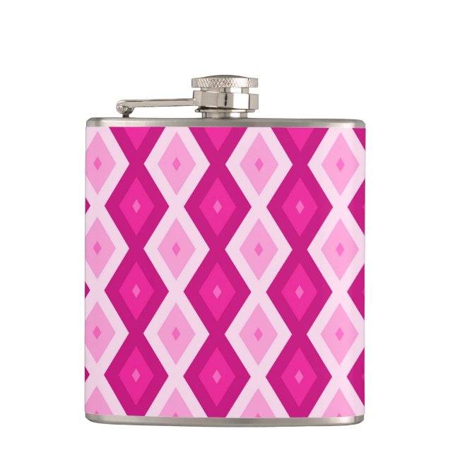 Shades of fuchsia diamond pattern hip flask (Front)
