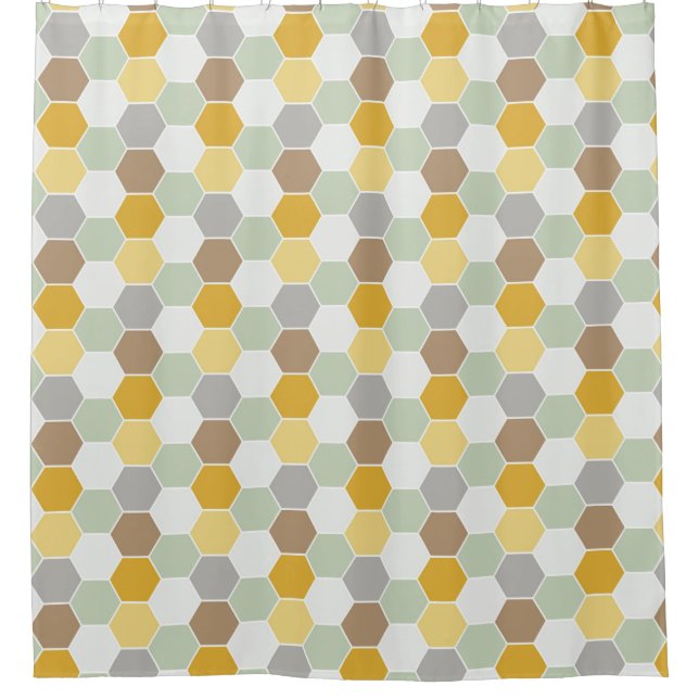 Shades of Gold, White, Grey Honeycomb Pattern Shower Curtain (Front)