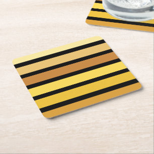 Shades Of Golden Yellow Stripes On Black  Square Paper Coaster