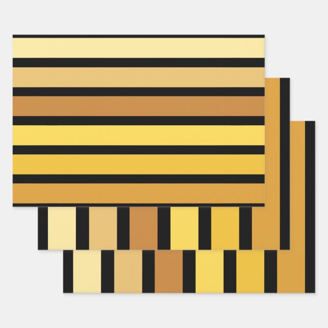 Shades Of Golden Yellow Stripes On Black  Wrapping Paper Sheet (Set)