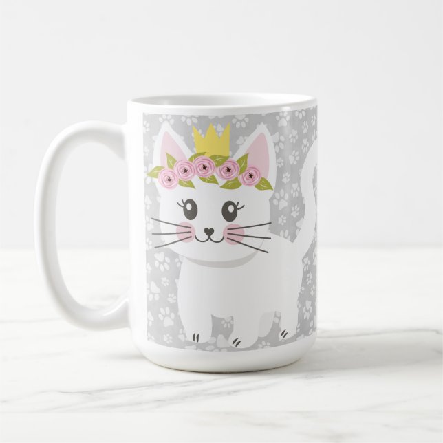 SHADES OF GRAY CAT PAW PRINTS & KITTY CAT COFFEE MUG (Left)