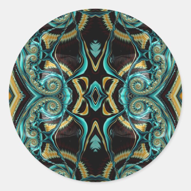 ~ Shades of Green Black Gold Yellow Fractal ~ Classic Round Sticker (Front)