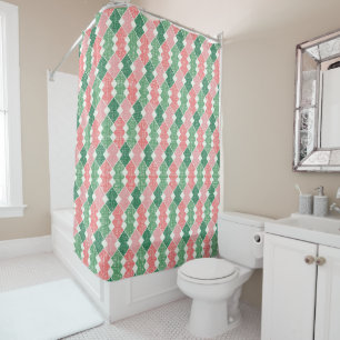 SHADES OF GREEN & CORAL DIAGONAL PATTERNS SHOWER CURTAIN