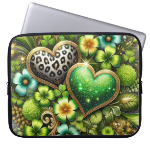 SHADES OF GREEN IRISH HEARTS SHAMROCKS & FLOWERS LAPTOP SLEEVE