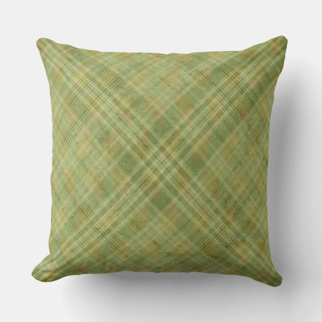 SHADES OF GREEN & ORANGE PLAID PATTERN CUSHION (Front)
