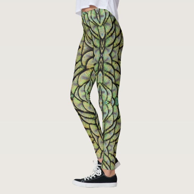 Shades of Green Peacock Back Feathers Leggings (Left)