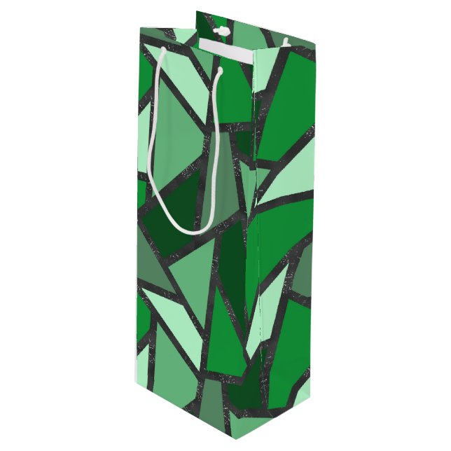 Shades of green stained glass pattern wine gift bag (Front Angled)