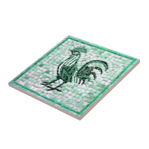 Shades of Green,  White, and Black Mosaic Chicken Ceramic Tile