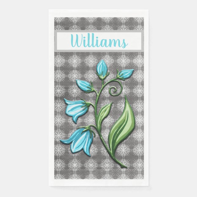 Shades of Grey and White Lace Bell Flower Monogram Napkin (Front)