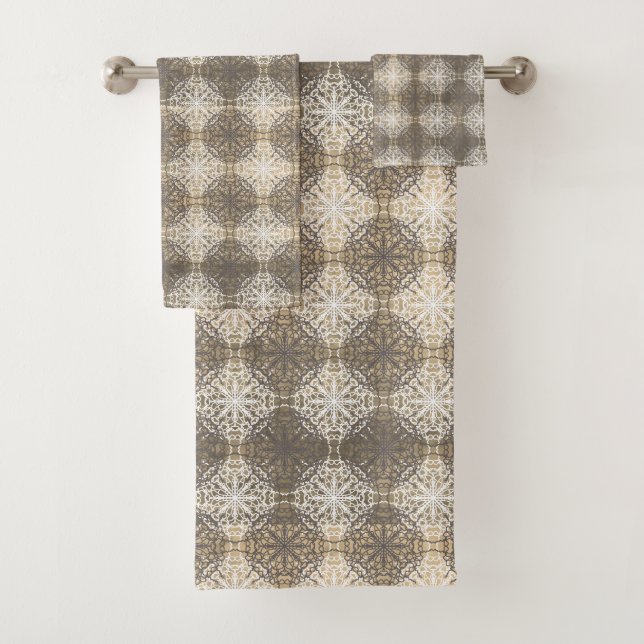 Shades of Grey, Beige and White Lace Bath Towel Set (Insitu)