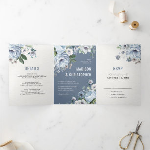 Shades of Grey Dusty Blue Winter Rustic Wedding Tr Tri-Fold Announcement