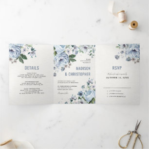 Shades of Grey Dusty Blue Winter Rustic Wedding Tri-Fold Announcement